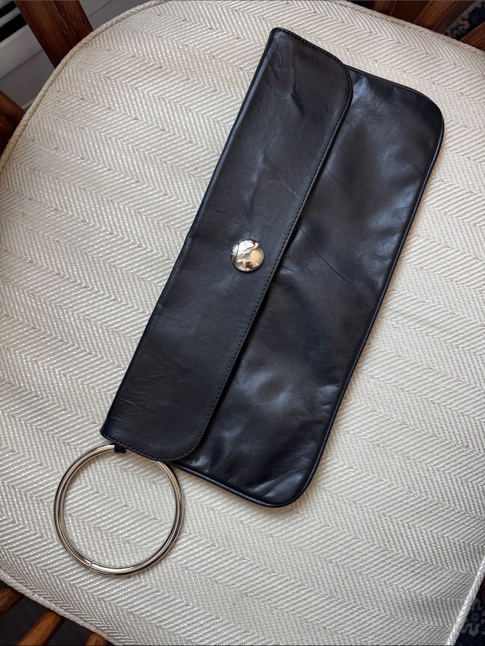 Vintage Kooba Black Leather Wristlet Clutch with Silver Ring